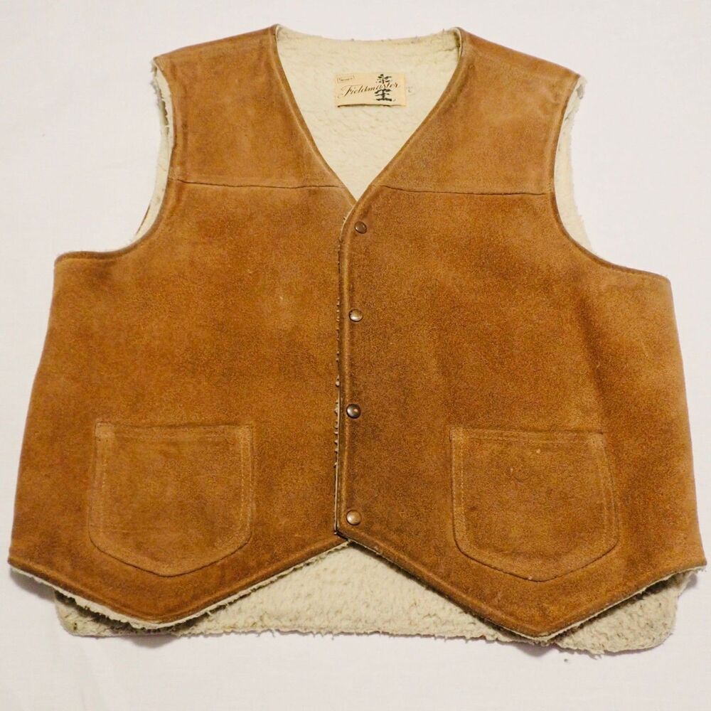 VTG Sears Fieldmaster Vest Mens L Shearling Lined Suede Brown Snap Front Casual